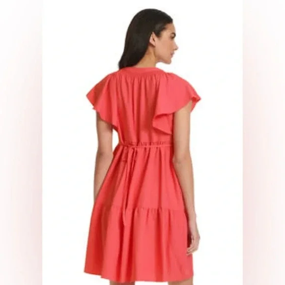 Calvin Klein Women's Flutter Sleeve V-Neck Gauze Dress Size 12 NWT Watermelon - Picture 2 of 16